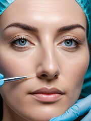 Close up of the face of a patient who is undergoing blepharoplasty. The surgeon cuts the eyelid and performs manipulations using medical instruments