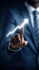 Businessman hand pointing at glowing data visualization