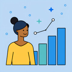 Minimalist Vector Illustration of Woman Analyzing Rising Bar Graph in Modern Business Concept

