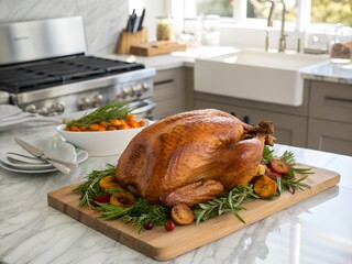 Perfectly Roasted Whole Thanksgiving Turkey Resting on Platter with Garnishes Isolated on White Background

