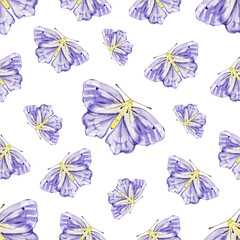 Seamless pattern with watercolor blue butterfly, violet moth for print