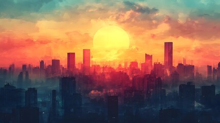 Fototapeta premium Stunning Cityscape Silhouette Against Vibrant Sunset Sky