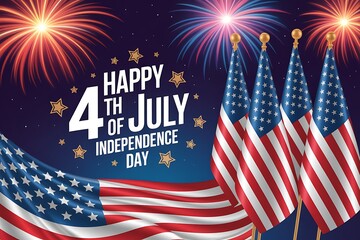 Happy fourth of july with american flags and fireworks illustration