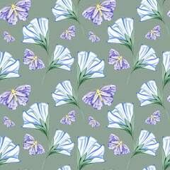 Seamless pattern watercolor moon flowers leaves moth night butterfly hand drawn illustration. Painted floral elements. Botanical natural objects. Fabric, print.