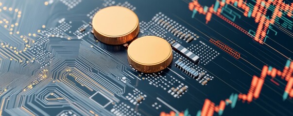 Golden Coins on Circuit Board with Stock Chart Overlay, Finance , Technology