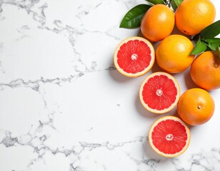 Juicy red oranges on a white marble table.