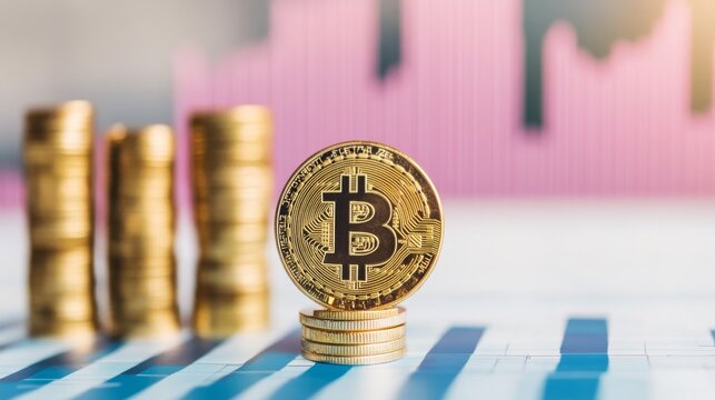 Golden Coin Stack on Chart Background Financial Growth , Blockchain , Cryptocurrency