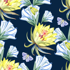 Beautiful flowers and botanical garden night with moon shine and butterflies seamless pattern design for fashion ,fabric,wallpaper and all prints