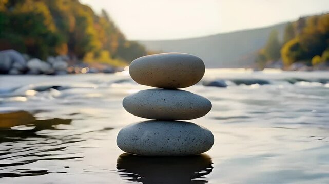 A beautifully balanced stack of smooth stones set against a tranquil river backdrop. 