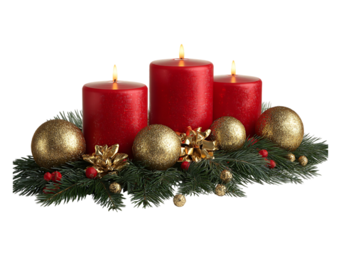 Three red candles with golden ornaments and green garland on a white or transparent background festive scene