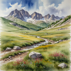 Watercolor of the Gran Sasso National Park in Italy during spring, showing vibrant meadows with wildflowers and patches of melting snow along rocky slopes.