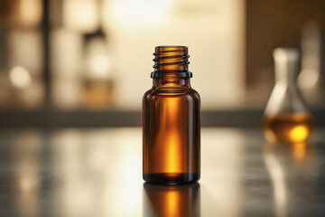A dark amber glass bottle sits prominently on a gray surface, partially filled with a golden liquid, creating a warm and inviting aesthetic.