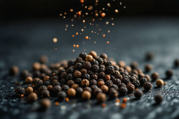 A pile of black peppercorns cascades onto a dark textured surface, with scattered particles floating in the air, creating a dynamic and flavorful visual.