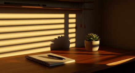 Warm Sunlight Streams Through Blinds onto a Home Office Desk