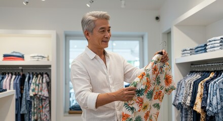 stylish smiling senior asian man browsing summer clothes in boutique. concept of shopping. retail, sales promotion. elderly fashion, active lifestyle, happy retirement