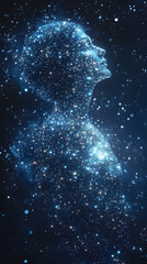 Obraz premium Luminous silhouette of a person made of stars, cosmic tones of blue and white, space like background