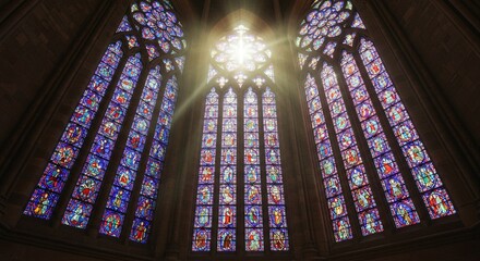Vibrant Stained Glass Window Casting Colorful Light Patterns on Interior Wall