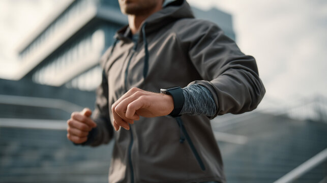 Man in gray jacket checking smartwatch while running outdoors near modern building on cloudy day