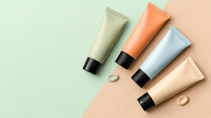 Fototapeta premium Pastel colored cosmetic tubes with black caps arranged on a split background of light green and beige
