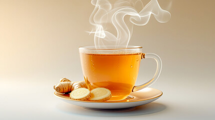 ginger tea with sliced root and leaf on wooden table.