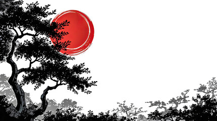 Bamboo trees and red sun. Character are means "I have long traveled, trying to find my way. I'm desperate to find it and returned home. And here I found a teacher - the bamboo stem, which grew near"