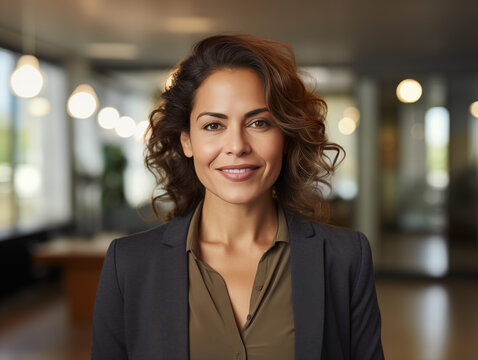 Mujer mexicana de mediana edad con expresi&oacute;n amable y profesional posando en primer plano dentro de una oficina moderna con iluminaci&oacute;n natural y ambiente corporativo.