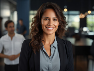 Mujer mexicana de mediana edad con expresión amable y profesional posando en primer plano dentro de una oficina moderna con iluminación natural y ambiente corporativo.