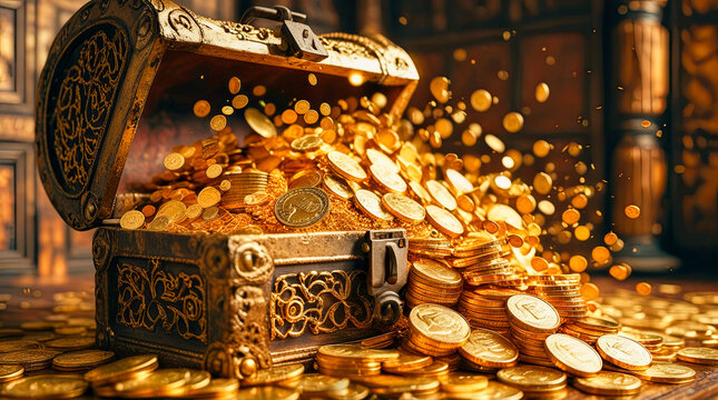A pile of treasures and gold coins overflowed from the treasure chest. Storage facility or treasury room lots of gold coins Complex stacks. 3d rendering