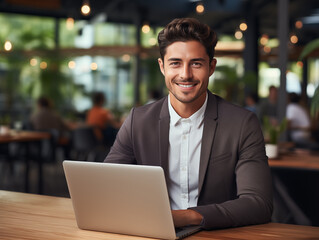 Retrato de joven empresario latino sonriente usando laptop en su escritorio dentro de una oficina corporativa.