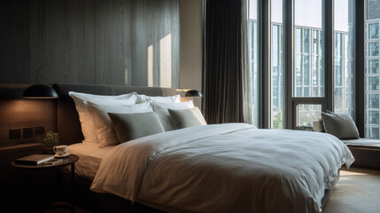 A modern bedroom with a large window and a comfortable bed with pillows and a duvet cover in neutral colors