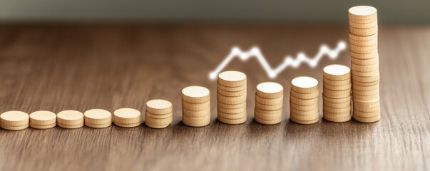 Wooden Coin Stacks, Upward Trend Graph - Finance, Growth