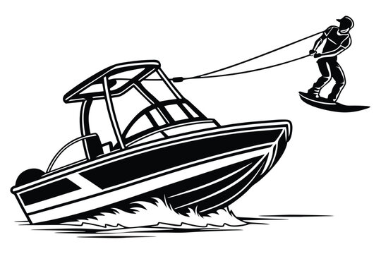 black and white boat wakeboarding action clip art preview