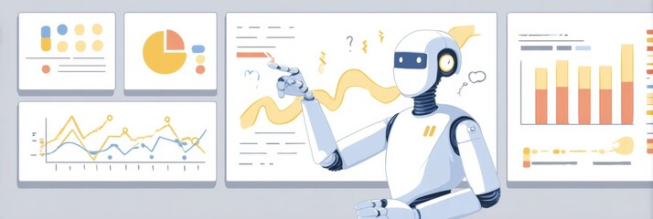 Stylized AI Assistant Engages With Interactive Data Board Showcasing Trends and Analytics in a Modern Workspace