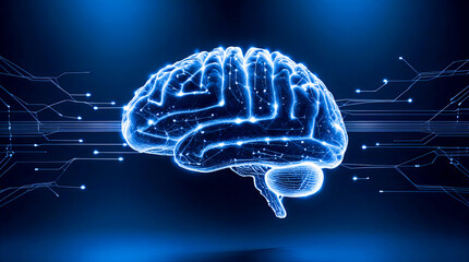 Human brain digital illustration. Electrical activity, flashes and lightning on a blue background.