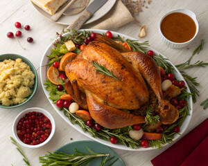 Whole Roasted Thanksgiving Turkey on a Festive Dining Table with Holiday Decorations

