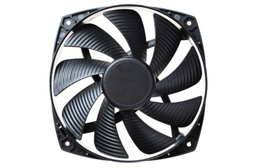 Large computer CPU cooler with metal heatsink and fan on white background