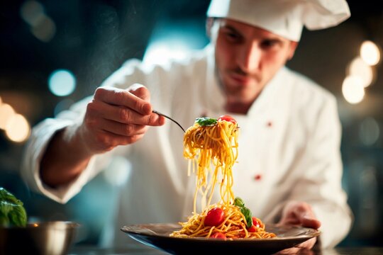 A chef focuses on plating a vibrant pasta dish with tomatoes and basil in a bustling kitchen setting. The warm lights create an inviting atmosphere during dinner service