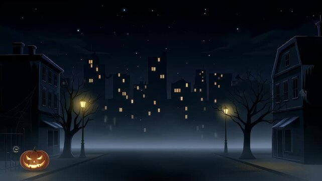 Halloween night in a haunted city with animated ghosts and glowing pumpkin jacks moving across a spooky street, footage