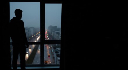 Fototapeta premium Man Looking Out a Window at Night with Dark Copy Space a Concept for Insomnia Loneliness or Contemplation