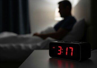 Digital Alarm Clock Showing 3 AM with a Sleepless Person in the Background a Concept for Insomnia and Sleep Disorder