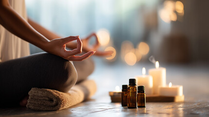 Woman meditating with candles and essential oils in a serene and peaceful environment indoors