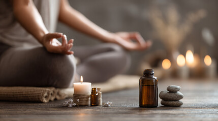 Woman meditating with candle, oil bottles, and stacked stones in a serene spa environment scene