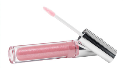 A close up of a clear tube of pink lip gloss with a silver cap and applicator on a white background