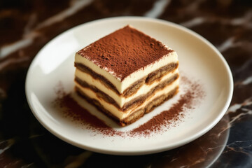 A slice of classic Italian tiramisu sits elegantly on a white plate, dusted with cocoa powder against a dark marble surface.