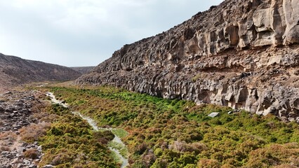 volcanic arid landscapes with trils, cliffs, and scattedred vegetation.
