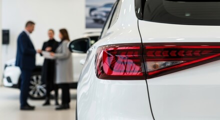 Detail shot of a sleek car's rear, highlighting its contemporary design in an indoor dealership setting. Ideal for themes of vehicle purchase, automotive industry, and transportation.