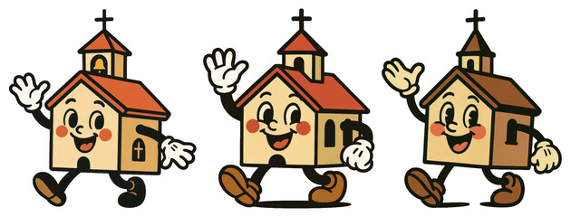 Fototapeta premium PNG Animated cheerful walking churches, element set on transparent background
