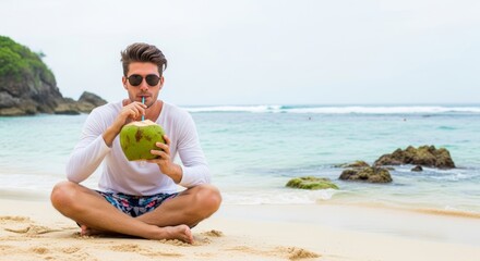 Handsome male model on a tropical beach, chilling with a fresh coconut. This image captures leisure, travel, and a serene getaway.