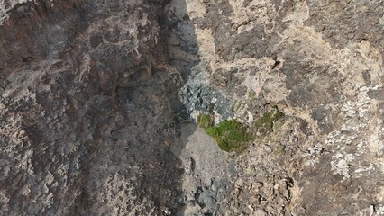 volcanic arid landscapes with trils, cliffs, and scattedred vegetation.