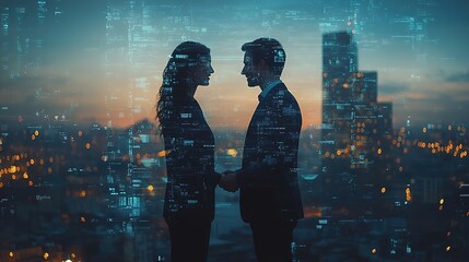 Fototapeta premium Two business people shaking hands in a suit, futuristic digital interface overlay, city skyscraper background, concept of partnership and innovation, business, couple, partnership, city, skyline 